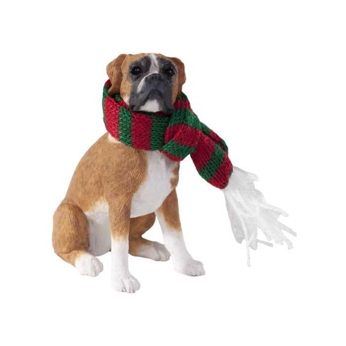 Sandicast Fawn Boxer with Red and Green Scarf Christmas Ornament