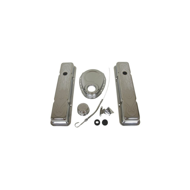 1958-86 Chevy Small Block 283-305-327-350 Chrome Steel (Short) Engine Dress Up Kit - Flamed
