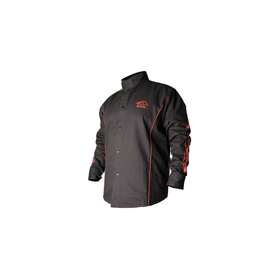 BSX Flame-Resistant Welding Jacket - Black with Red Flames, Size Large