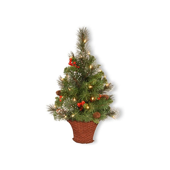 National Tree 3 Foot Crestwood Spruce Half Tree with Silver Bristle, Cones, Red Berries and 50 Battery Operated Warm White LED Lights in Basket (CW7-306-3HT-B)