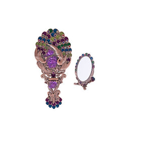 MOIOM Vintage Style Metal Foldable Oval Peacock Flower Pattern Makeup Hand/Table Mirror (Copper Red)