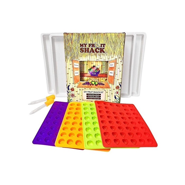 My Fruit Shack DIY Fruit Snacks Kit with 4 BPA Free LFGB/FDA Grade Silicone Molds (Makes 160 Gummies Total), 4 Custom Drip Trays, 2 Droppers and 1 Basic Recipe Page