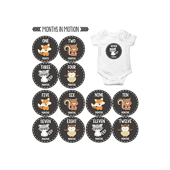 Months In Motion - Baby Month Stickers - Monthly Baby Sticker for Boys or Girls - Woodland Animals (1091)