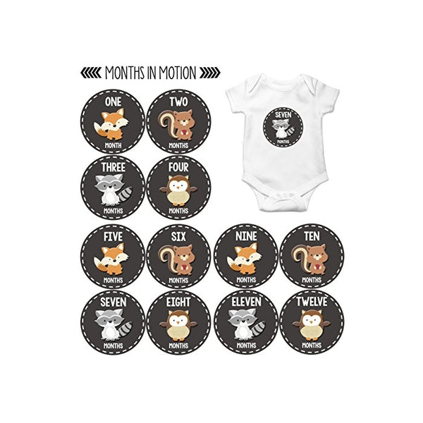 Months In Motion - Baby Month Stickers - Monthly Baby Sticker for Boys or Girls - Woodland Animals (1091)