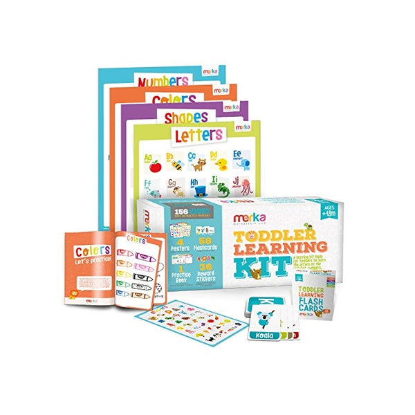 Toddler Learning Kit includes 4 Posters, 58 Flashcards, 58 Practice Book Exercises and 36 Reward Stickers - Learn Letters, Colors, Shapes and Numbers