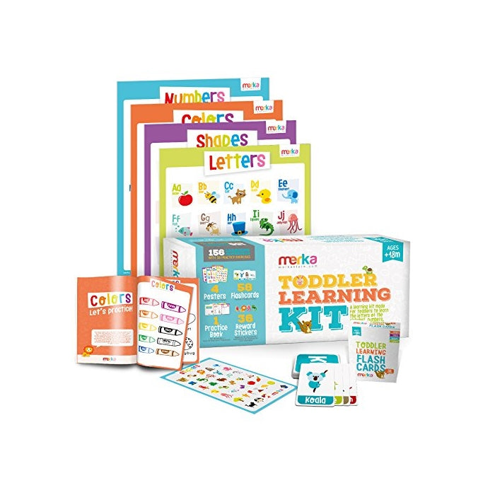 Toddler Learning Kit includes 4 Posters, 58 Flashcards, 58 Practice Book Exercises and 36 Reward Stickers - Learn Letters, Colors, Shapes and Numbers