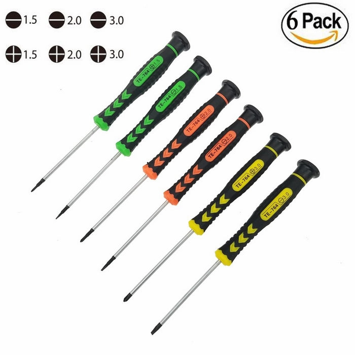 Screwdriver SET OF 6 - Magnetic Flathead and Philips With NON-SKID Handle in Different SIZES / COLORS - Professional Repair Tool Kit For Electronics/ iPhone/ PC/ Jewelry/ Watch/ Eyeglass