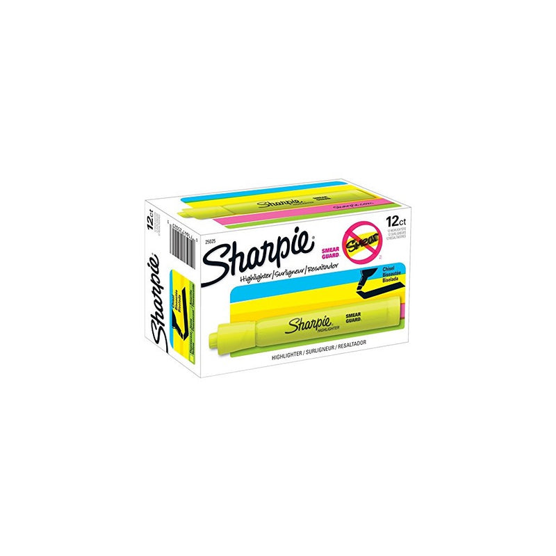 Sharpie 25025 Tank Highlighters, Chisel Tip, Fluorescent Yellow, 12-Count