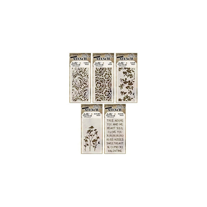 Tim Holtz - Stencils Set 1 - Five Item Bundle - Blossom, Flourish, Lace, Wildflower, and Valentine