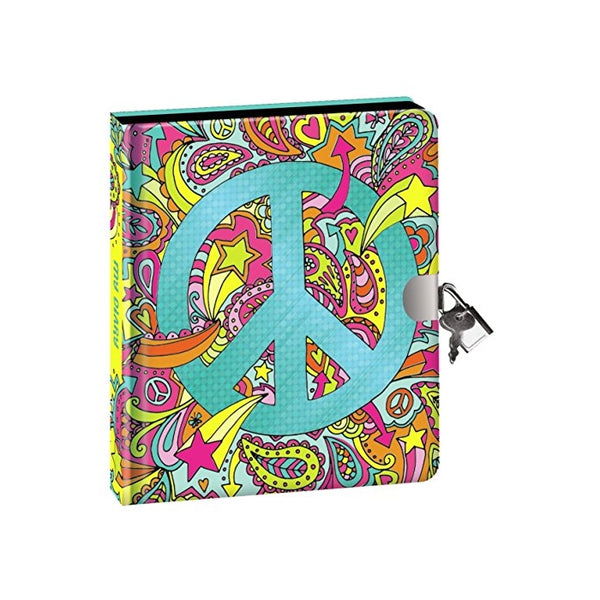 Peaceable Kingdom Paisley Peace Sign Foil Cover 6.25" Lock and Key Diary with Black Pages and Silver Pen