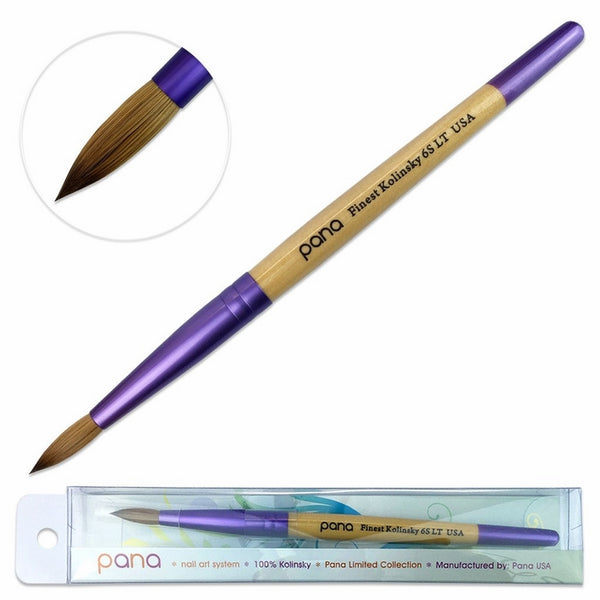 Pana (Size # 6) New Limited Edition Beige Purple Wood Handle USA 100% Pure Kolinsky Hair Acrylic Nail Brush (Purple Ferrule Round Shaped Style)