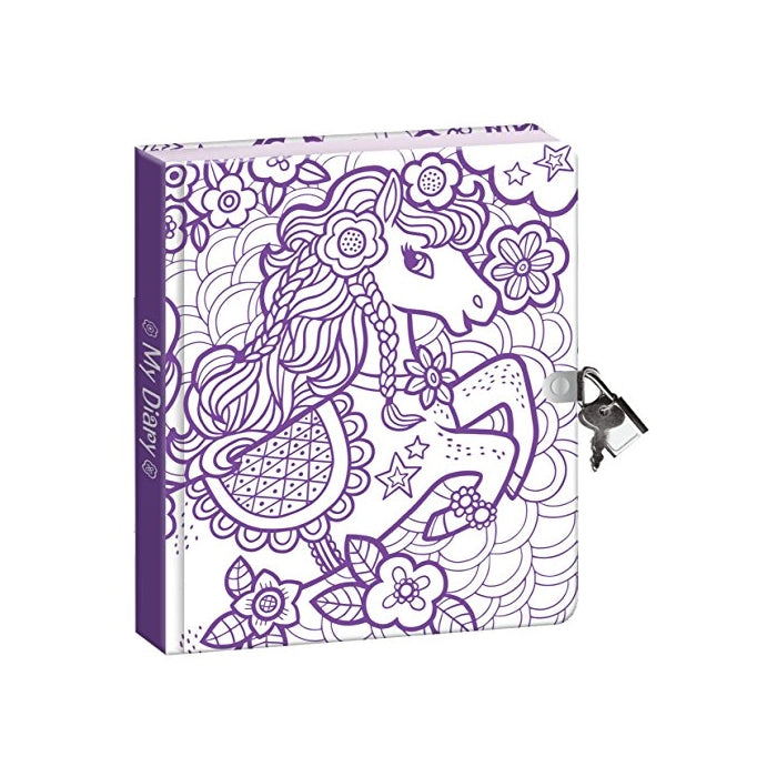 Peaceable Kingdom Pretty Pony Color-In Shiny Foil Cover 6.25" Lock and Key, Lined Page Diary for Kids