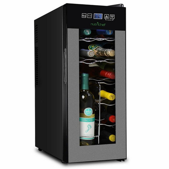 Nutrichef 12 Bottle Thermoelectric Wine Cooler Refrigerator | Red, White, Champagne Chiller | Counter Top Wine Cellar | Quiet Operation Fridge | Touch Temperature Control