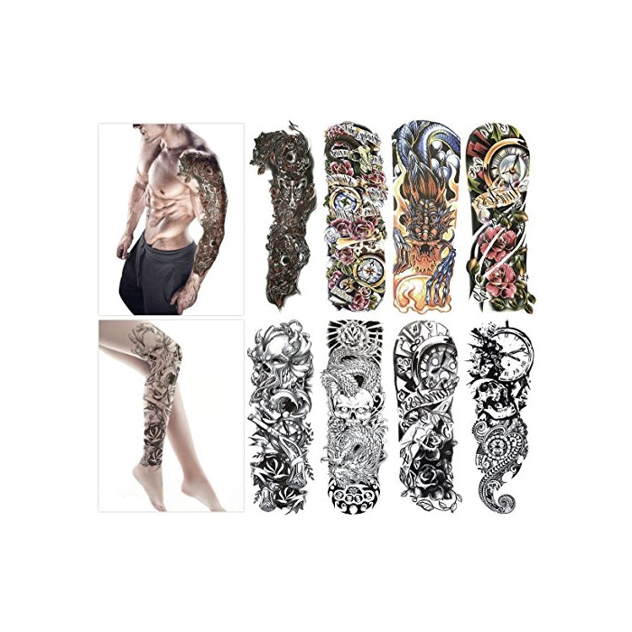 Fashion Temporary Tattoo Transfer Stickers - 8 Sheets Large Size Tattoo Body Stickers for Man & Women Waterproof Removeable Non-Toxics & Safe for All Skin (Full Arm)