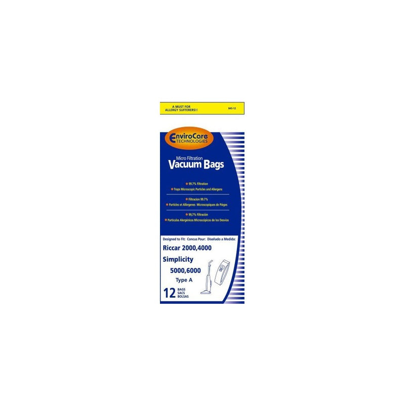 EnviroCare Replacement Vacuum Bags to fit Riccar 2000, 4000 and Vibrance Series. Simplicity 5000, 6000 and Symmetry Type A 12 pack