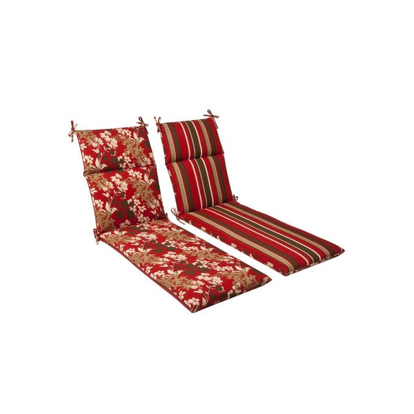 Pillow Perfect Indoor/Outdoor Red/Brown Floral/Striped Reversible Chaise Lounge Cushion