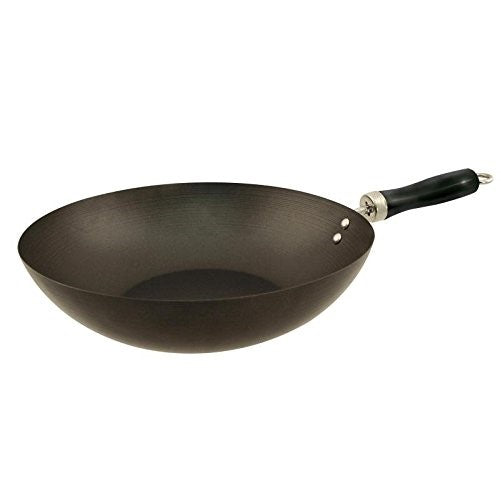 Euro-Ware 406 Traditional Shaped Carbon Steel Stir Fry Wok with Non-Stick Coating and Eyelet Handle, Medium/6.5 quart, Black