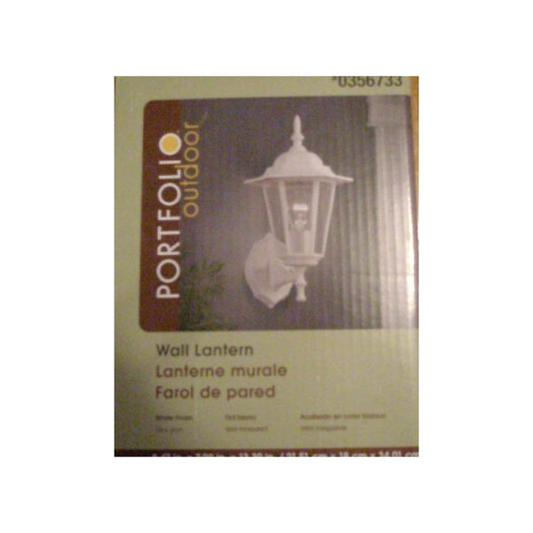 PORTFOLIO OUT DOOR LIGHT WALL LANTERN WHITE FINISH FINISH CLEAR GLASS SIZE 8.47 in.x7.09 in.x13.39 in. MODEL 0356733