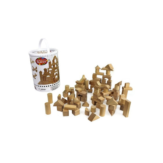 Wooden Blocks - 100 Pc Wood Building Block Set with Carrying Bag and Container (Natural Colored) - 100% Real Wood