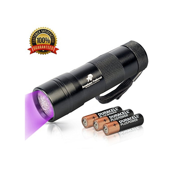 365nm Ultraviolet Flashlight – Best for Finding Pet Urine, Inspecting Hotel Rooms and Repairing Carpets – 12 LED UV Light – AAA Batteries Included – 6 Months Guarantee by Americans' Preferred