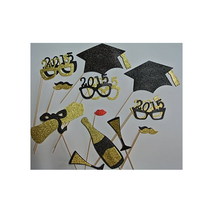 17 Pc Graduation 2015 Glasses Photo Booth Props Mustache on a Stick Cap Champagne Bottle Gold and Black