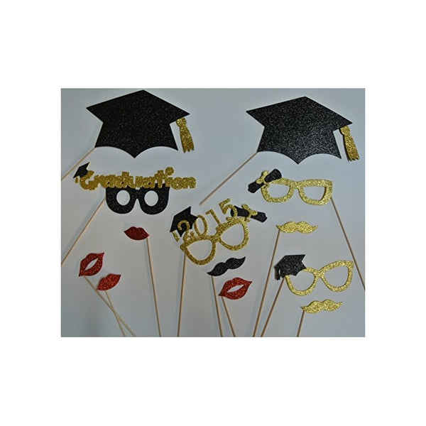 13 Pc Graduation 2015 Glasses Photo Booth Props Mustache on a Stick Cap Gold and Black