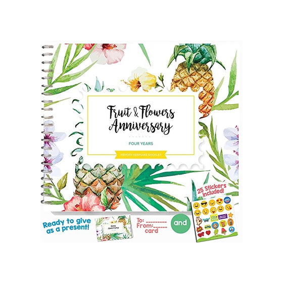 4TH WEDDING ANNIVERSARY GIFTS FOR COUPLES – Four Years Memory Journal for Husband or Wife | Fruits and Flowers Anniversary Booklet with love quotes and frames to add your pictures for him or her