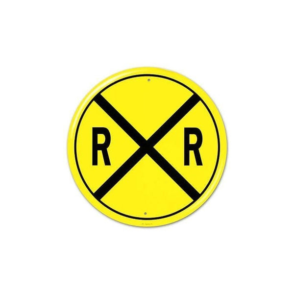 Railroad Crossing RR X-ing Round Tin Sign