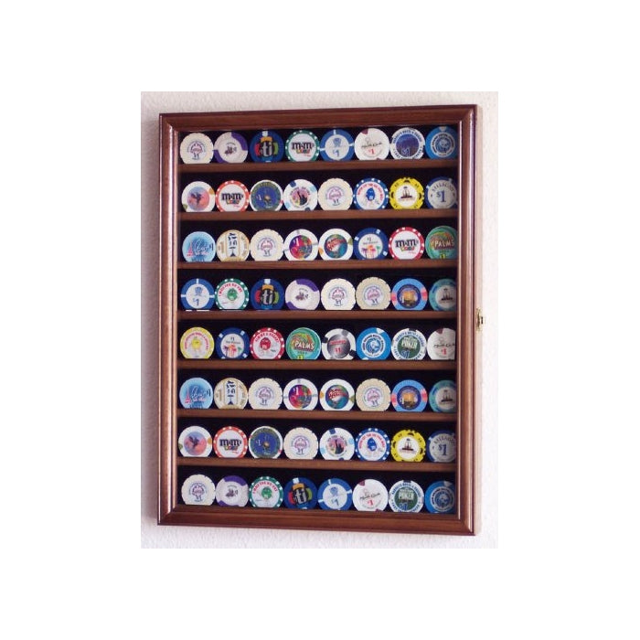 Casino Chips / Coins Display Case Cabinet Holders Rack w/ UV Protection -Walnut Finish
