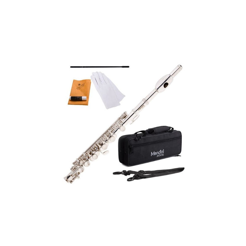 Mendini MPO-S Silver Plated Key of C Piccolo with Case, Joint Grease, Cleaning Cloth and Rod, and Gloves