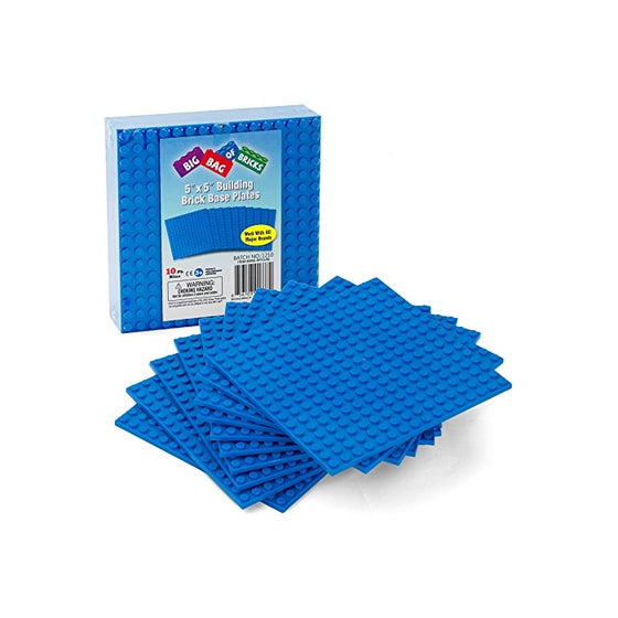 Brick Building Base Plates - 5 x 5 Blue Baseplates (10pcs) - Dual Side Connectivity, Tight Fit w All Brands