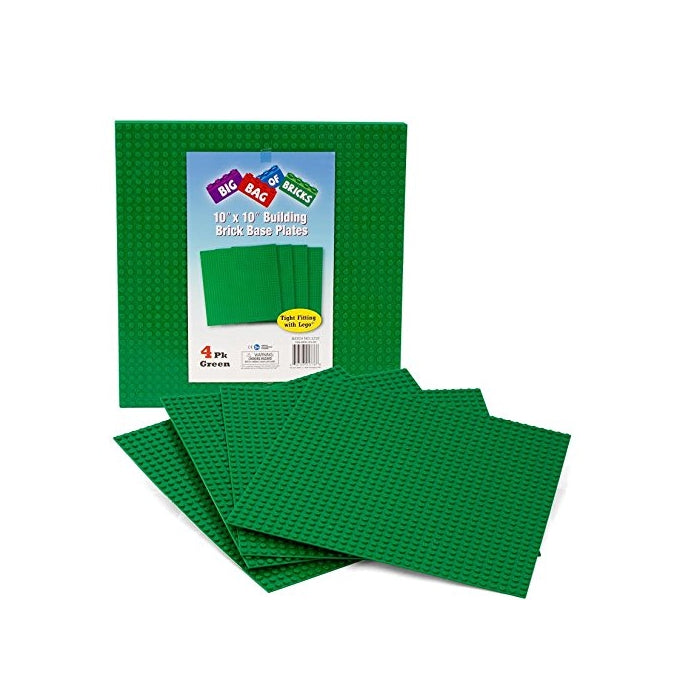 Brick Building Base Plates By SCS - Large 10"x10" Green Baseplates (4 Pack) - Tight Fit with Lego