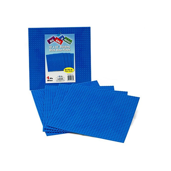 Brick Building Base Plates - Large 10"x10" Blue Baseplates (4pcs) - Dual Side Connectivity, Tight FIt w All Brands