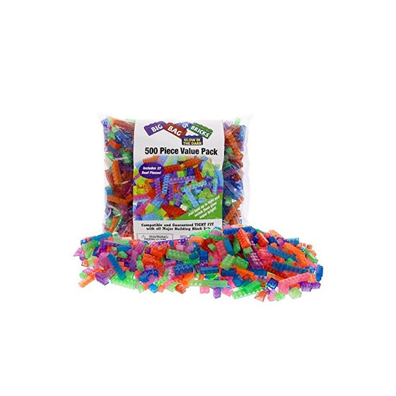 Building Bricks - 500 Pc "Big Bag of Bricks" Bulk Glow in the Dark and Neon-colored Blocks with 27 Roof Pieces - Tight Fit with All Major Brands