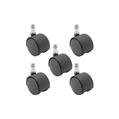 5 Pack - 50mm Nylon Twin Wheel Chair Casters, Black, with 7/16" x 7/8" Grip Ring Stem