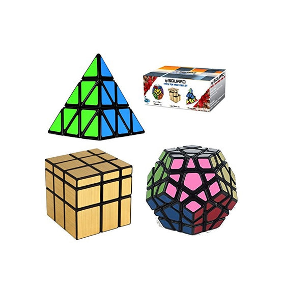 Squaad Magic Cube Set of 3 Popular Cubes bundles- Pyraminx Pyramid 3-d Puzzle cube, Megaminx Cube and Gold Mirror Cube , Black, Great Entertainment For Adults and Kids