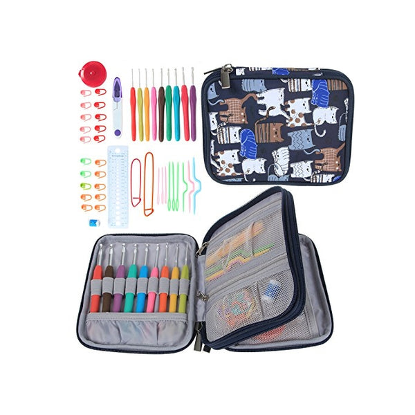 Teamoy Ergonomic Crochet Hooks Set, Knitting Needle Kit, Zipper Organizer Case With 9pcs 2mm to 6mm Soft Grip Crochets and Complete Accessories, Small Volume and Convenient to Carry, Cats Blue