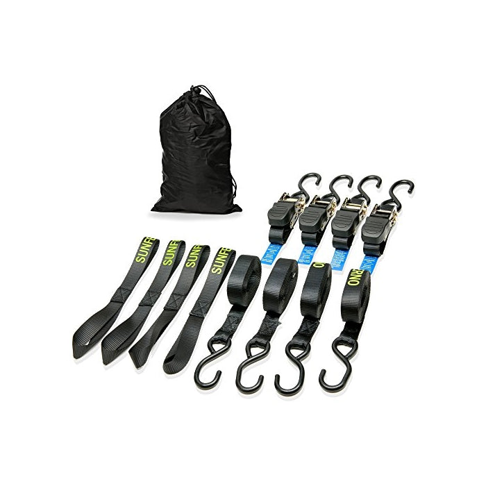 Sunferno Ratchet Straps Tie Down 3300Lbs Break Strength, 1100lb Load Cap, 15 Foot - Exceptionally Heavy Duty to Safely Move your Motorcycle and Cargo - Includes 4 pack Soft Loop Straps - Black (4 pack)