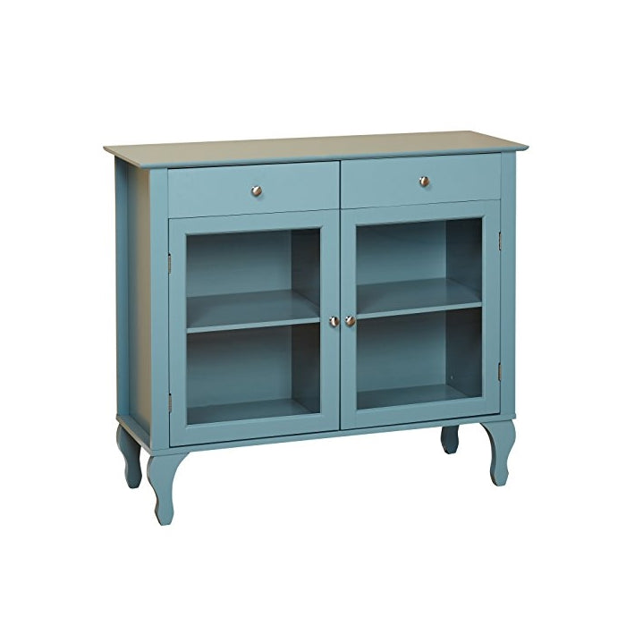 Target Marketing Systems Layla Collection Modern Antique Style Two Drawer, Two Cabinet Two Shelf Buffet With Tempered Glass, Blue