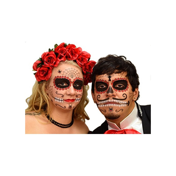 Ruby Sugar Skull Day of the Dead Temporary Face Tattoo Kit for Men or Women - 2 Complete Kits