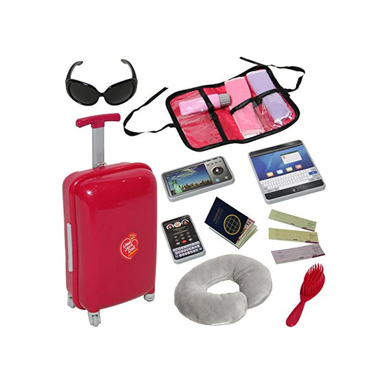 Doll Travel Suitcase with Accessories - Travel Set for 18 inch Dolls with Travel Pillow, Passport and accessories