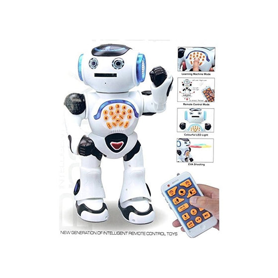 Top Race Remote Control Walking Talking Toy Robot, Dances, Sings, Reads Stories, Math Quiz, Shooting Discs, and Voice Mimicking.