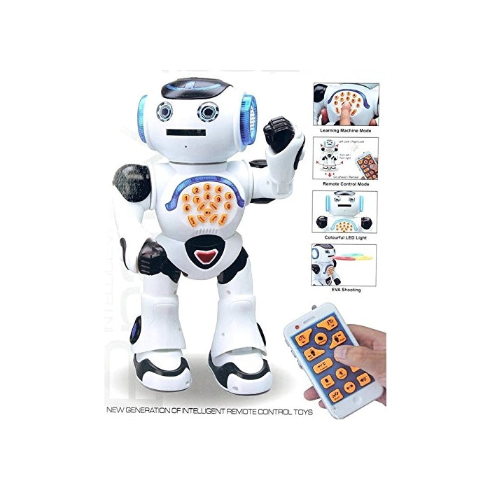 Top Race Remote Control Walking Talking Toy Robot, Dances, Sings, Reads Stories, Math Quiz, Shooting Discs, and Voice Mimicking.