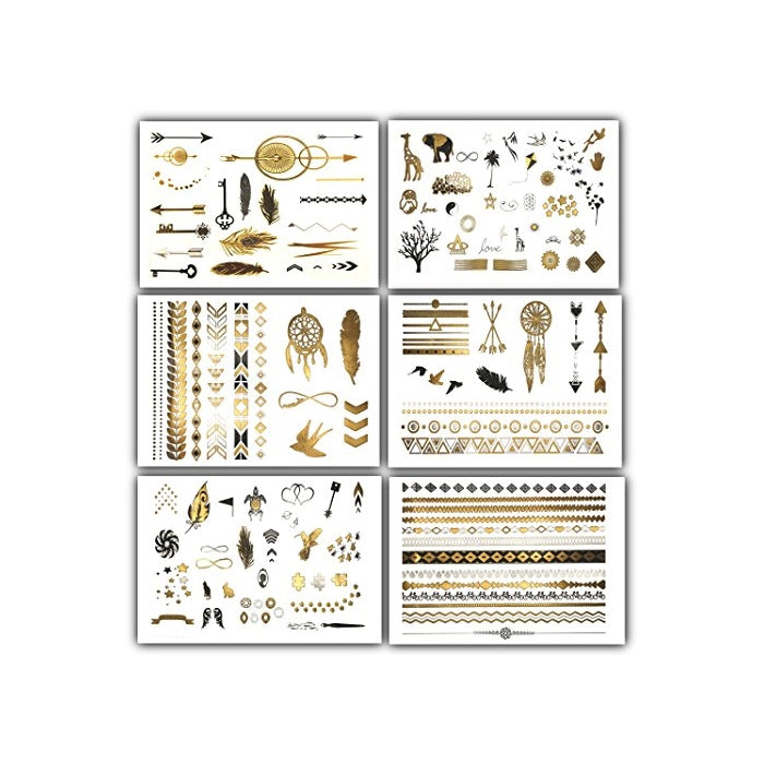 Terra Tattoos Temporary Tattoos - Over 125 Minimalist Metallic Tattoo Designs in Gold, Black and Silver (6 Sheets), Addison Collection