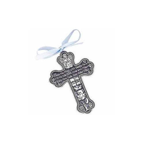 Bless The Child - GUARDIAN ANGEL Baby BOY Crib Cross PEWTER Medal/CHRISTENING/BABY SHOWER GIFT/Baptism KEEPSAKE/with BLUE RIBBON/GIFT BOXED