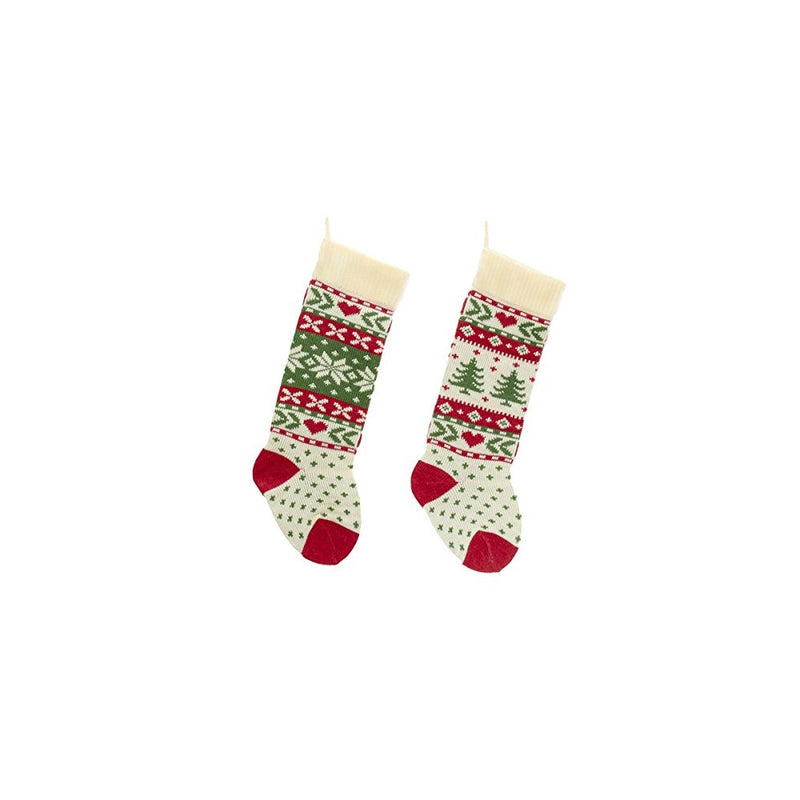 Kurt Adler Red, Ivory And Green Christmas Tree And Snowflake Knit Stockings