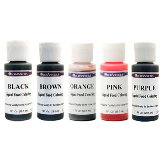 Lorann Oils Liquid Food Coloring - Speciality Colors Bundle- Black, Brown, Orange, Pink, Purple - Set of Five 1 Ounce Bottles