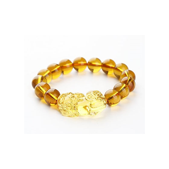 Feng Shui Citrine Gem Stone Wealth Porsperity 12mm Bracelet with Pi Xiu / Pi Yao, Attract Wealth and Good Luck, Deluxe Gift Box Included