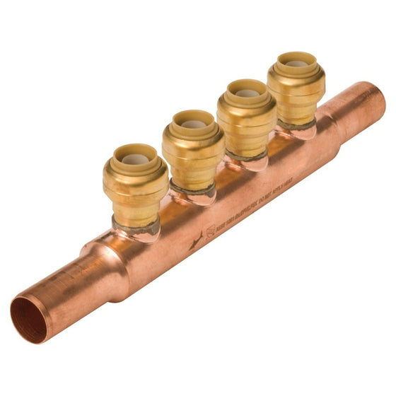 SharkBite 22997LF PEX Manifold, Push-to-Connect, 4 Port, 3/4 inch inlet by 1/2 inch outlets, Push-to-Connect, Coupler, Copper, CPVC