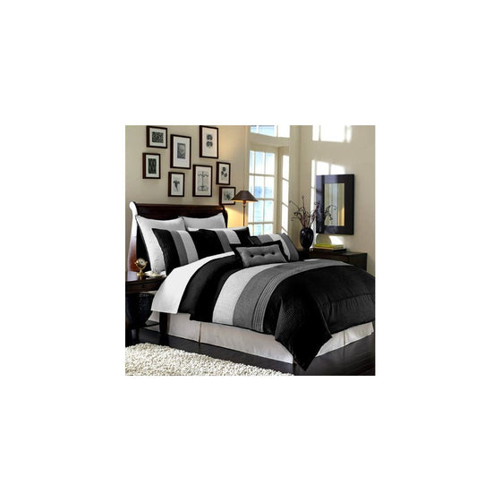 Chezmoi Collection 90 x 92-Inch 8-Piece Luxury Stripe Comforter Bed-in-a-Bag Set, Black/White/Grey, Queen